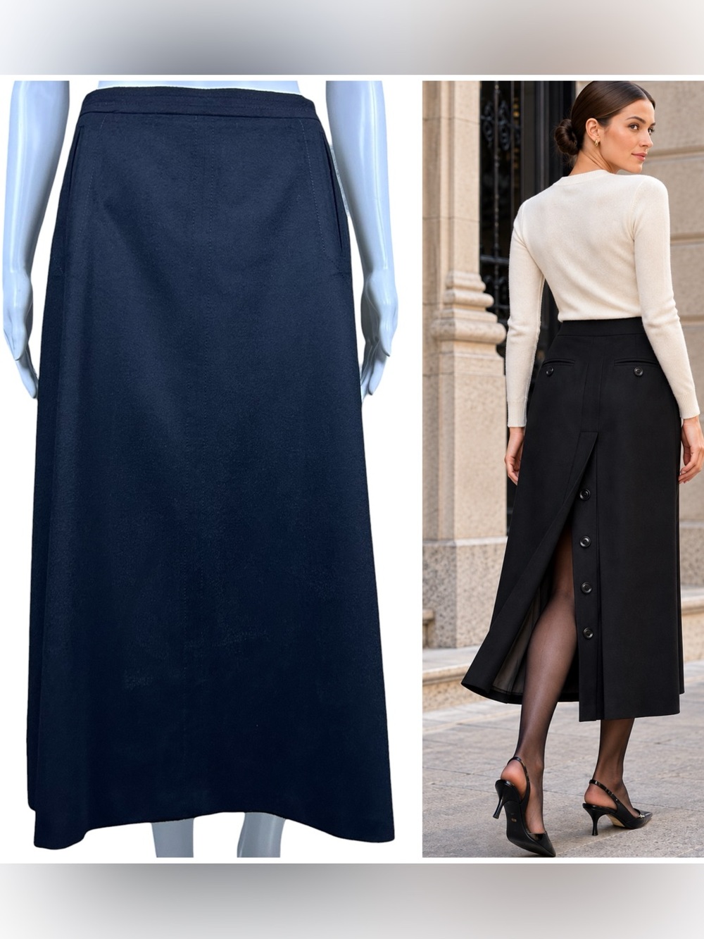 Max Mara Virgin Wool Midi Skirt 10 Black 4 Button Back Slit Quiet Luxury Italy